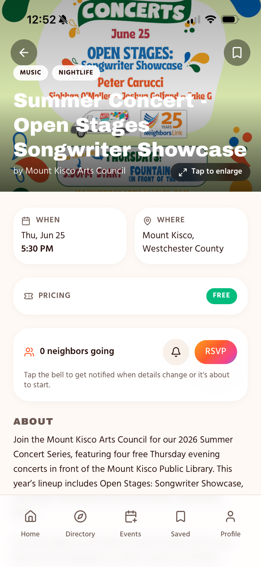 Event details with RSVP and flyer