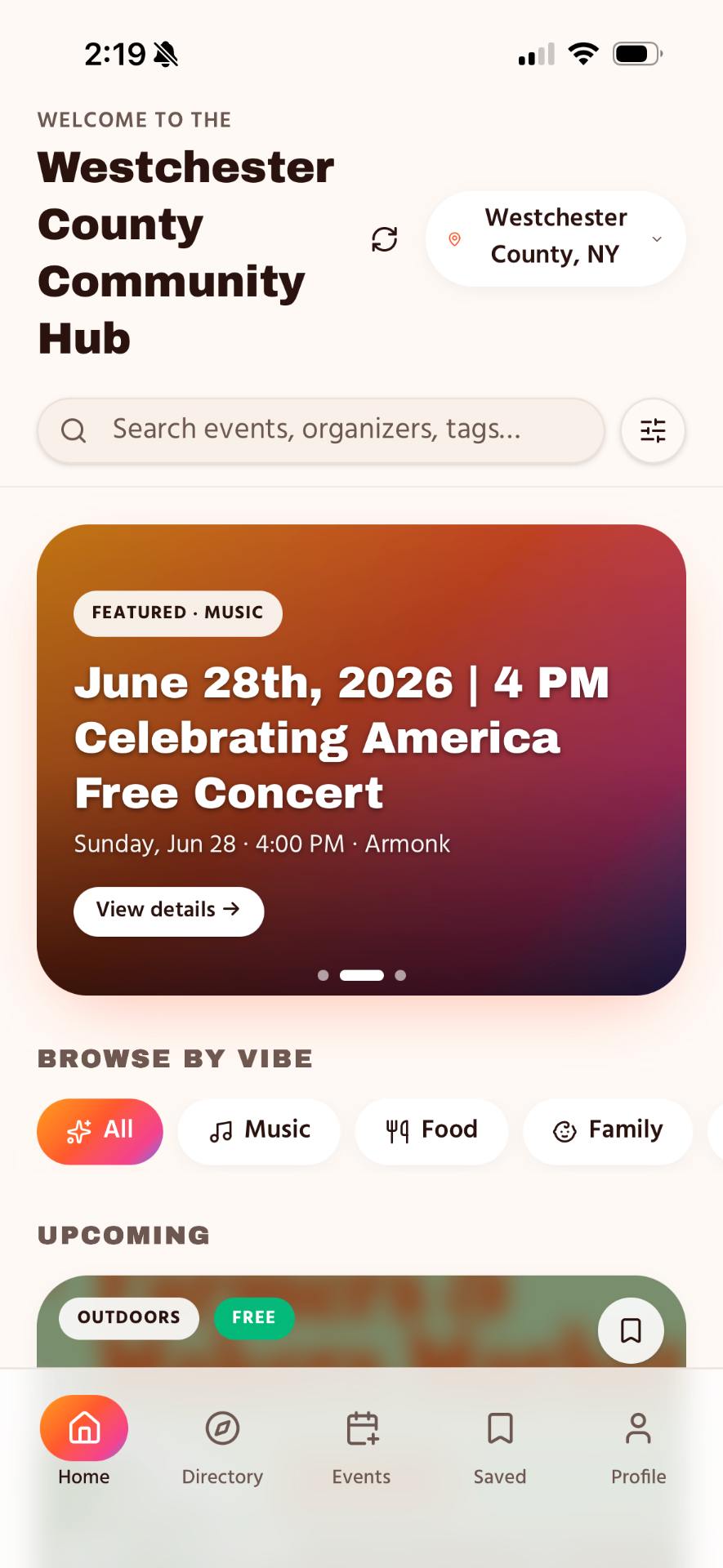 Westchester County Community Hub home screen